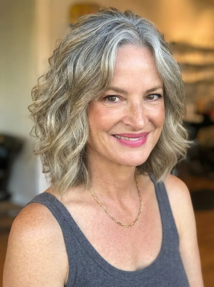 Chin-Length Silver Frost Wavy Bob with Natural Lowlights